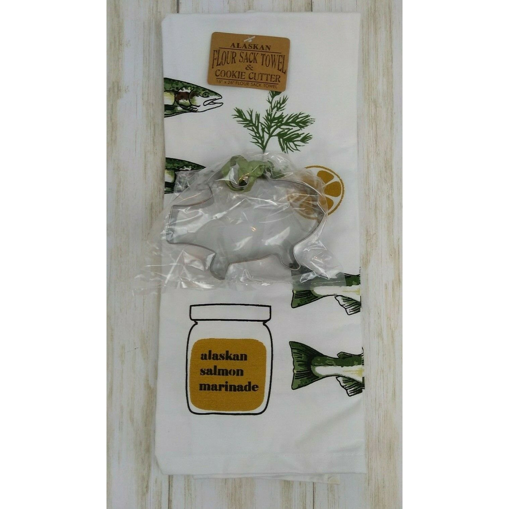 Alaskan Fish Flour Sack Kitchen Towel and Cookie Cutter New